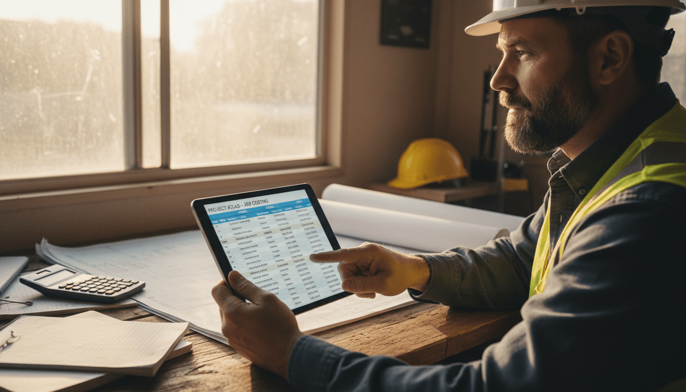 Construction contractor reviewing detailed job profitability data on a tablet at a jobsite office