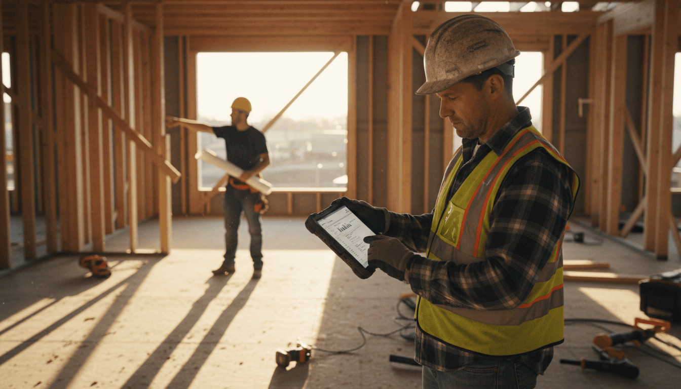 A contractor reviews job-costing data on a tablet at a residential construction site in Texas.