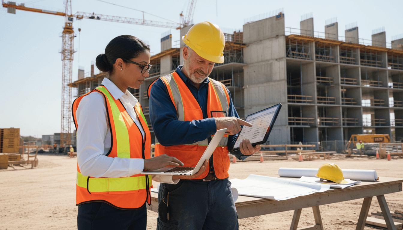 A foreman and a bookkeeper review a WIP report together at a commercial construction site in Round Rock.